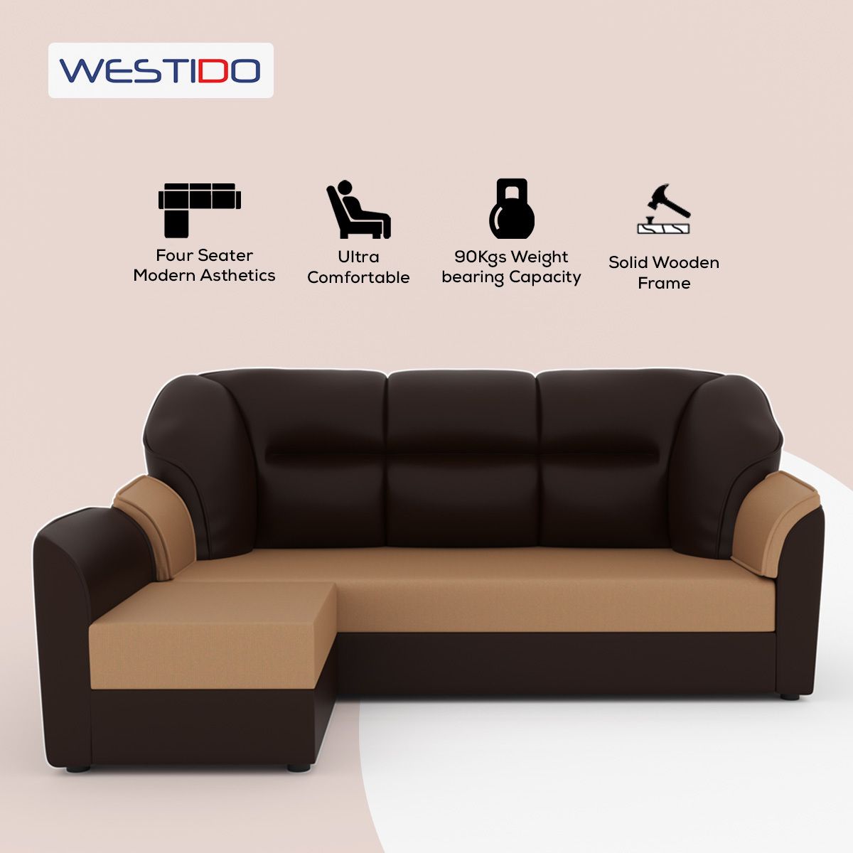 WESTIDO Leatherette 5 Seater  Sofa (Finish Color - Cream Brown, DIY(Do-It-Yourself))