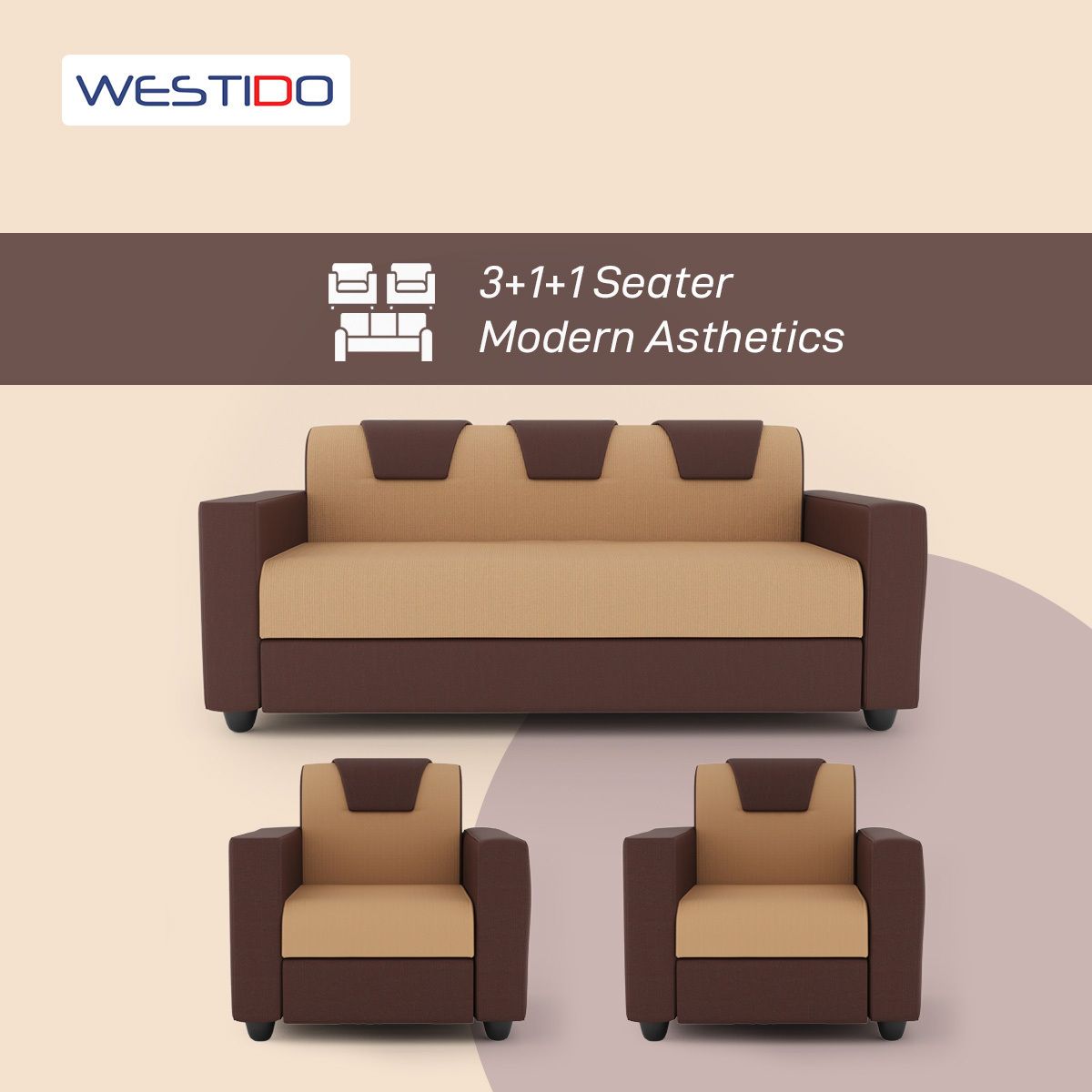 Westido 3 + 1 + 1 Sofa in Cream Brown Finish