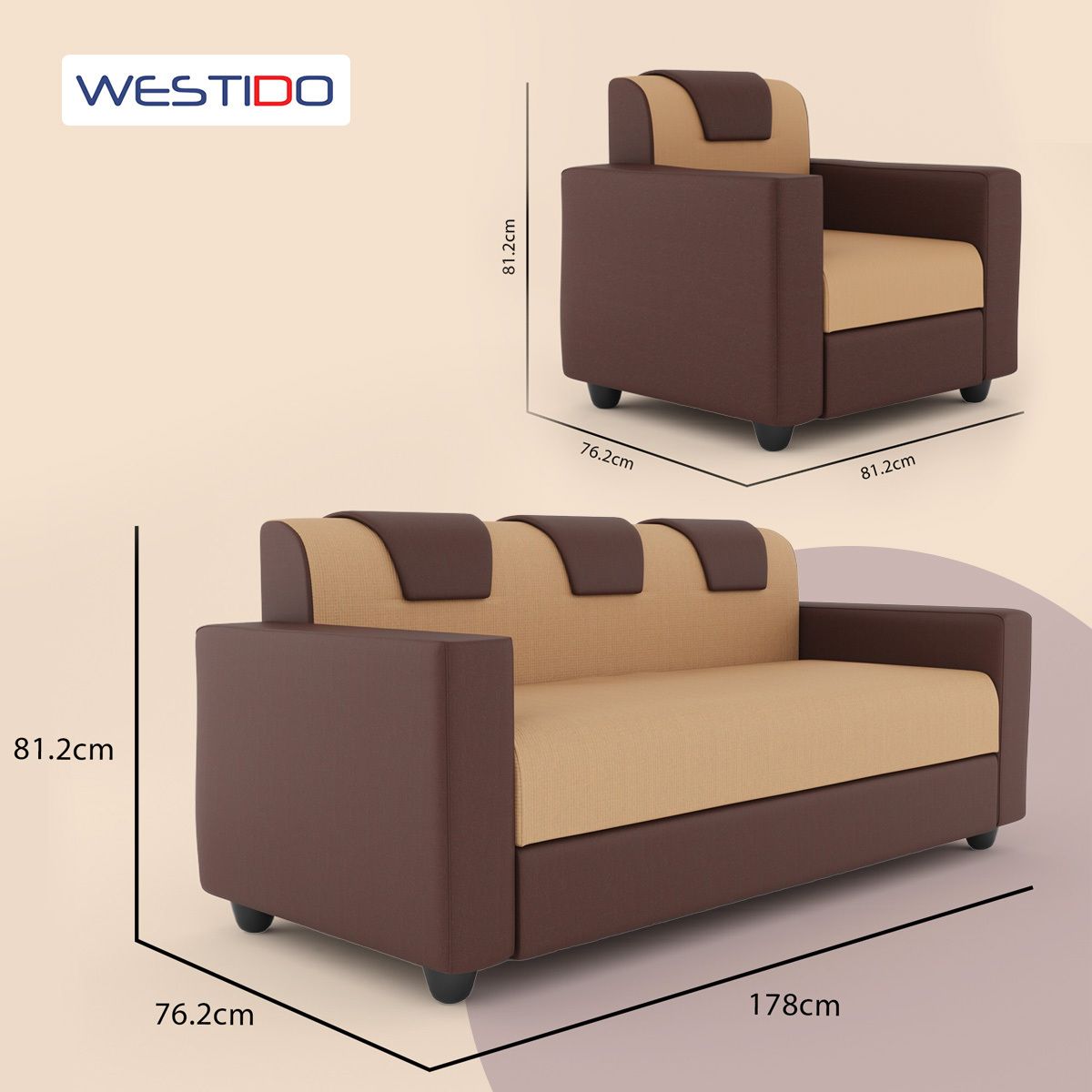 Westido 3 + 1 + 1 Sofa in Cream Brown Finish