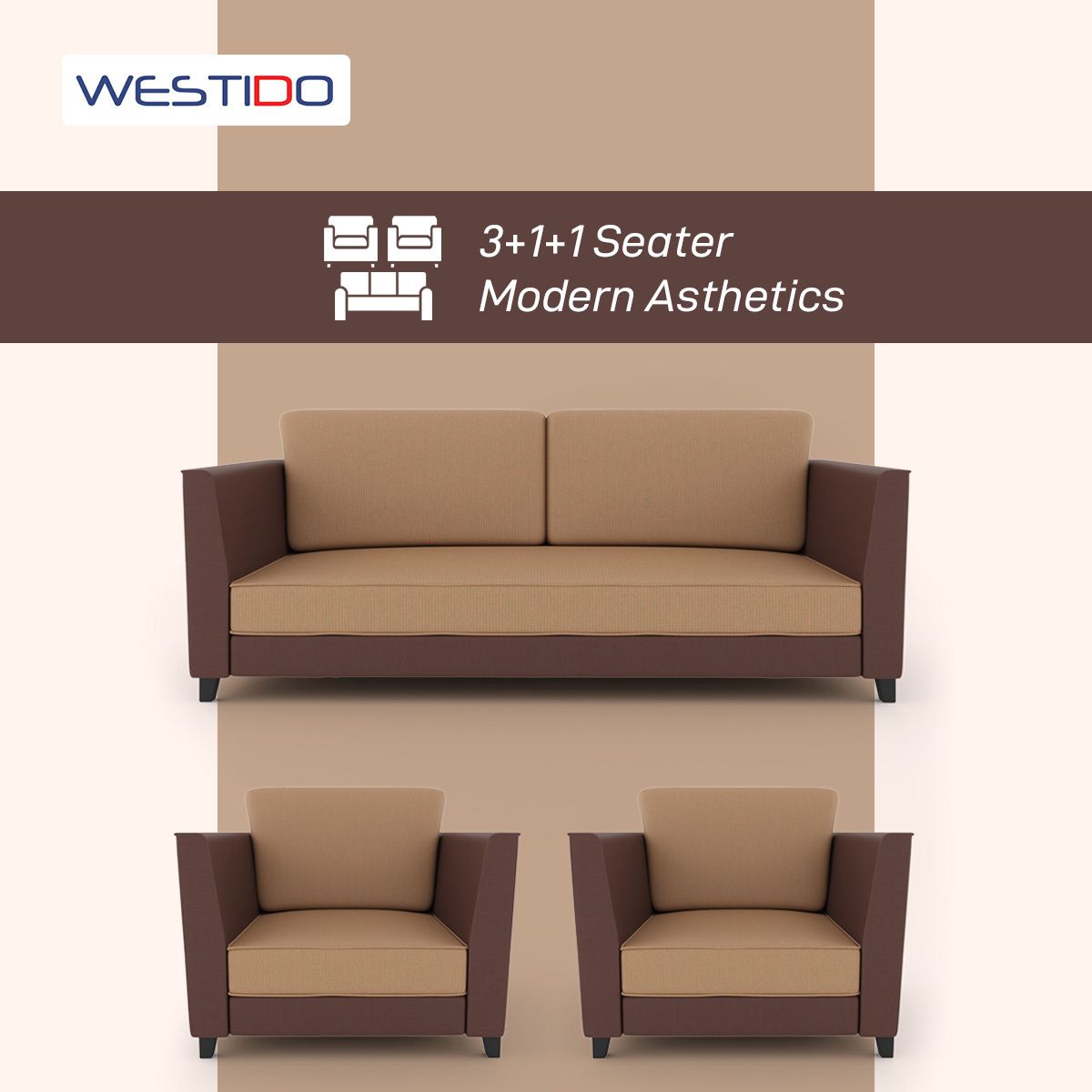 Cream Brown Upholstered 3 + 1 + 1 Sofa by Westido
