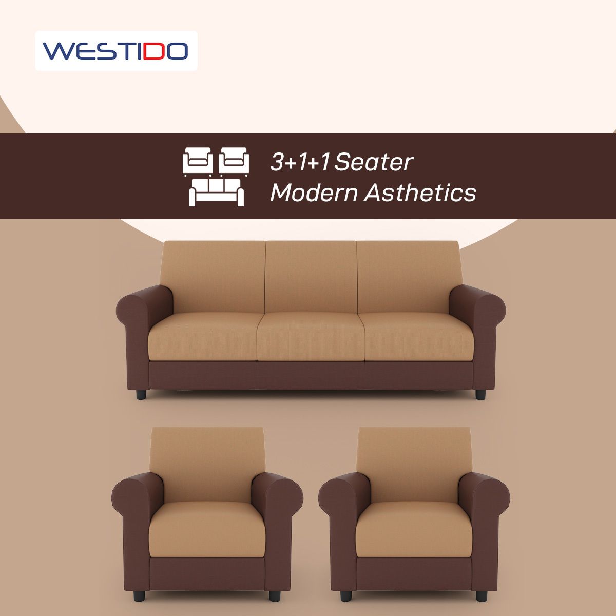 Cream Brown 3 + 1 + 1 Sofa by Westido