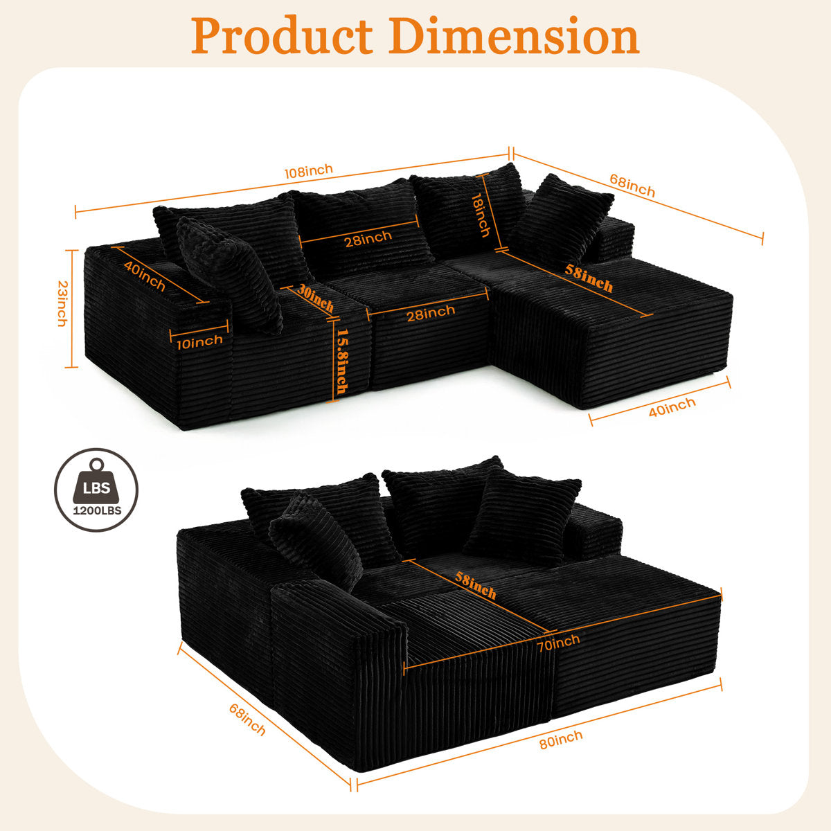 108" Cloud Modular Sectional Couch With L-shape Chaise, No Assembly Required Modern Comfy Sofa With Deep Seat & Plush Fabric, Upholstered Couches For Living Room, Bedroom
