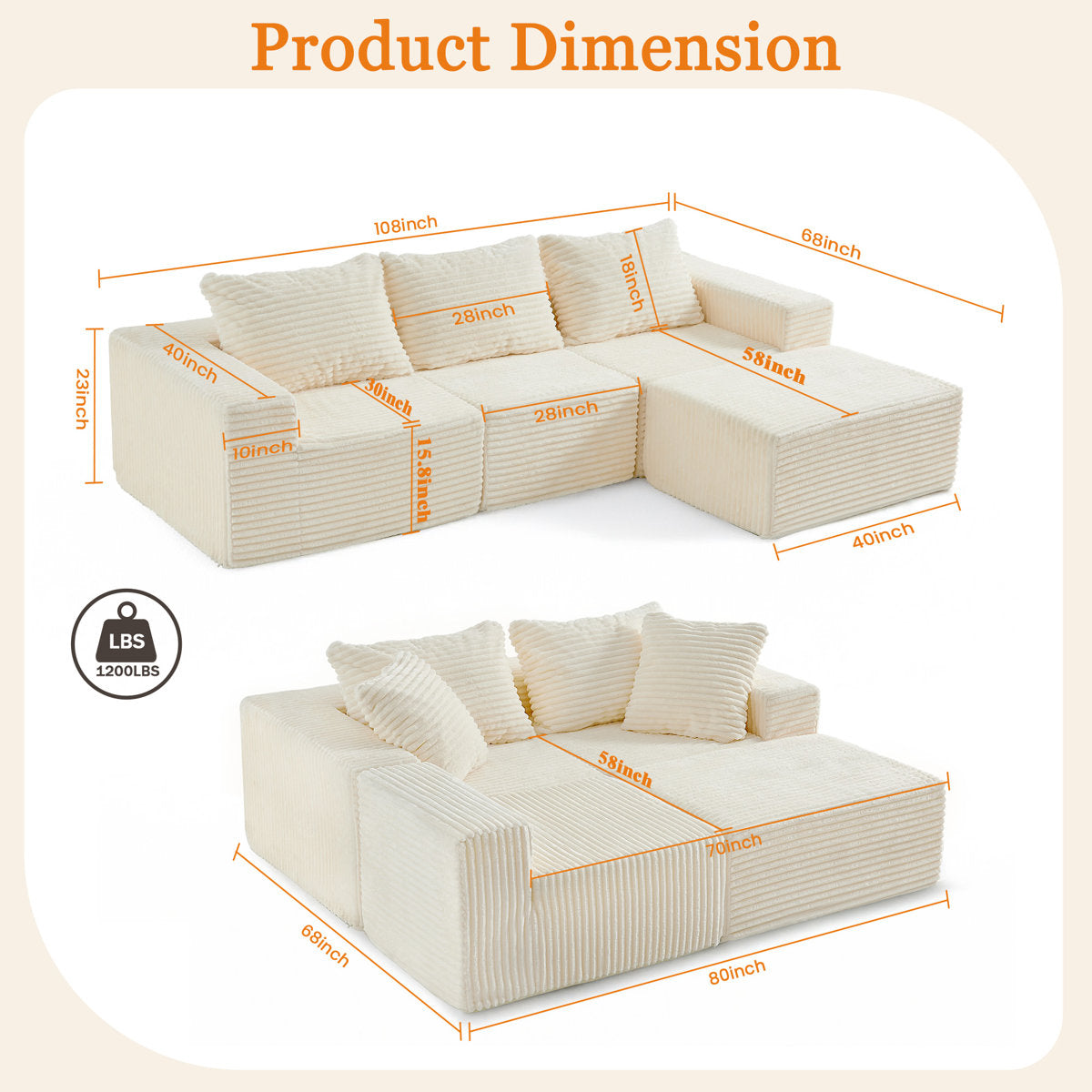 108" Cloud Modular Sectional Couch With L-shape Chaise, No Assembly Required Modern Comfy Sofa With Deep Seat & Plush Fabric, Upholstered Couches For Living Room, Bedroom