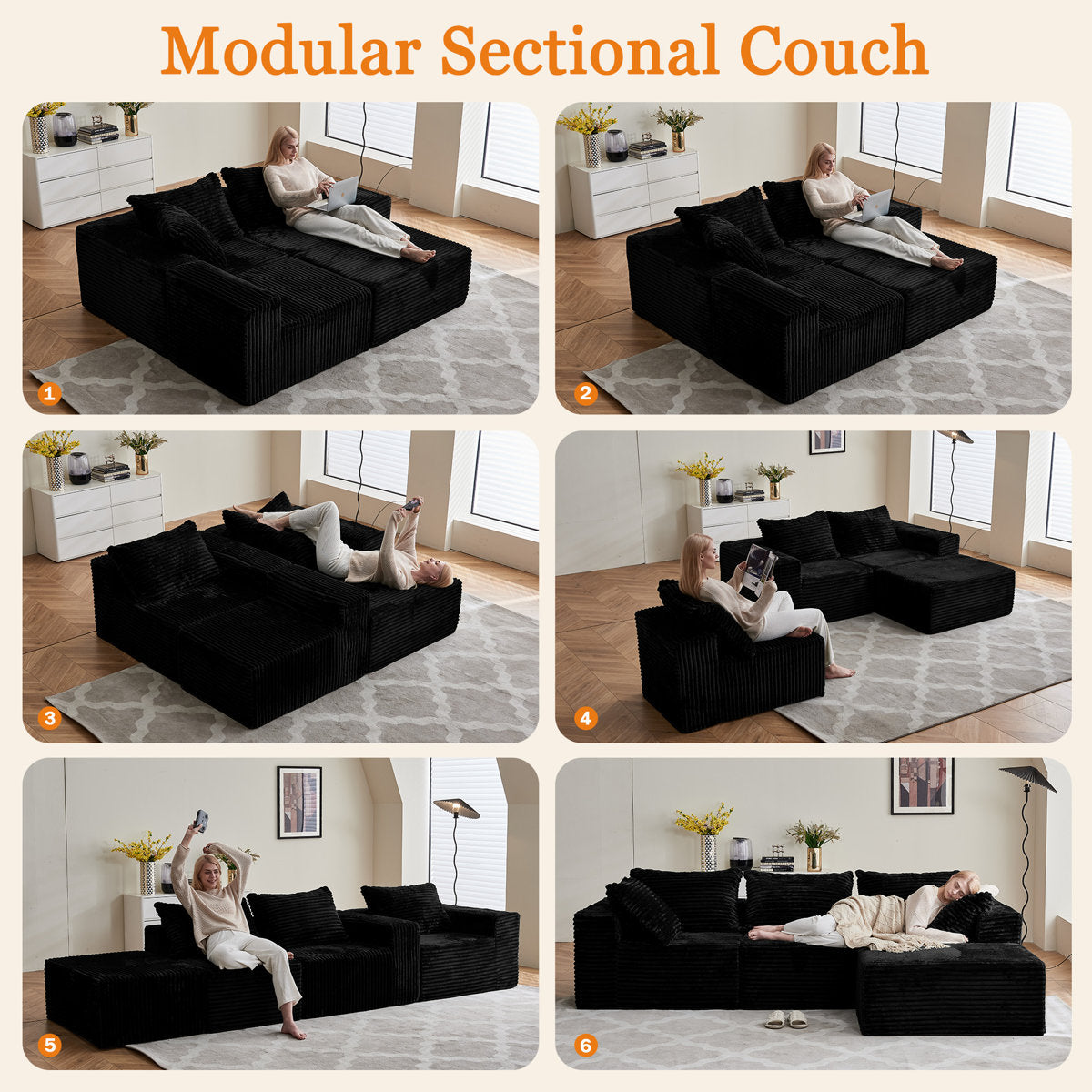 108" Cloud Modular Sectional Couch With L-shape Chaise, No Assembly Required Modern Comfy Sofa With Deep Seat & Plush Fabric, Upholstered Couches For Living Room, Bedroom