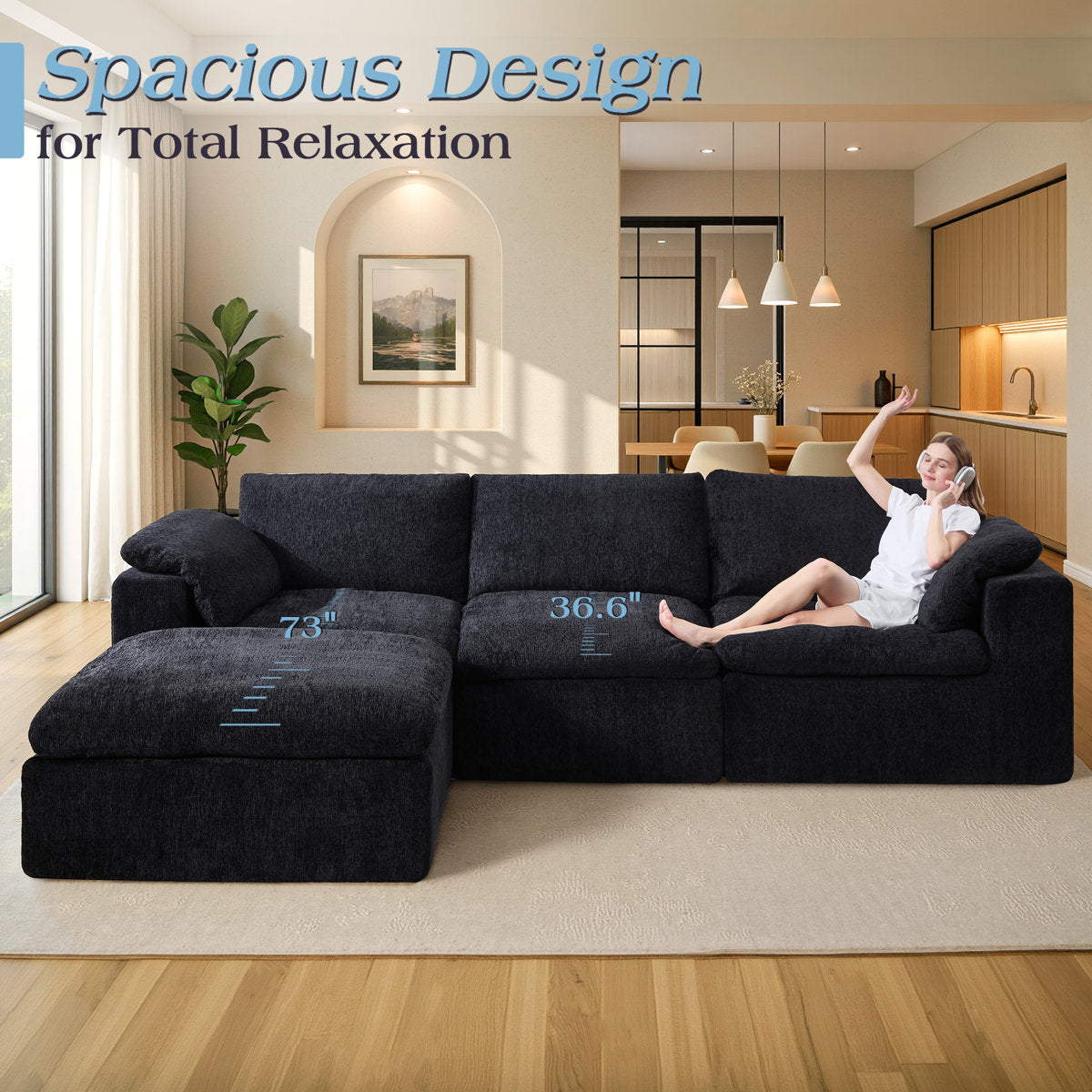130" Cloud Modular Sectional Sofa with 83.5" Extra Deep Chaise, Oversized No-Assembly Sectional Couch in Black Chenille