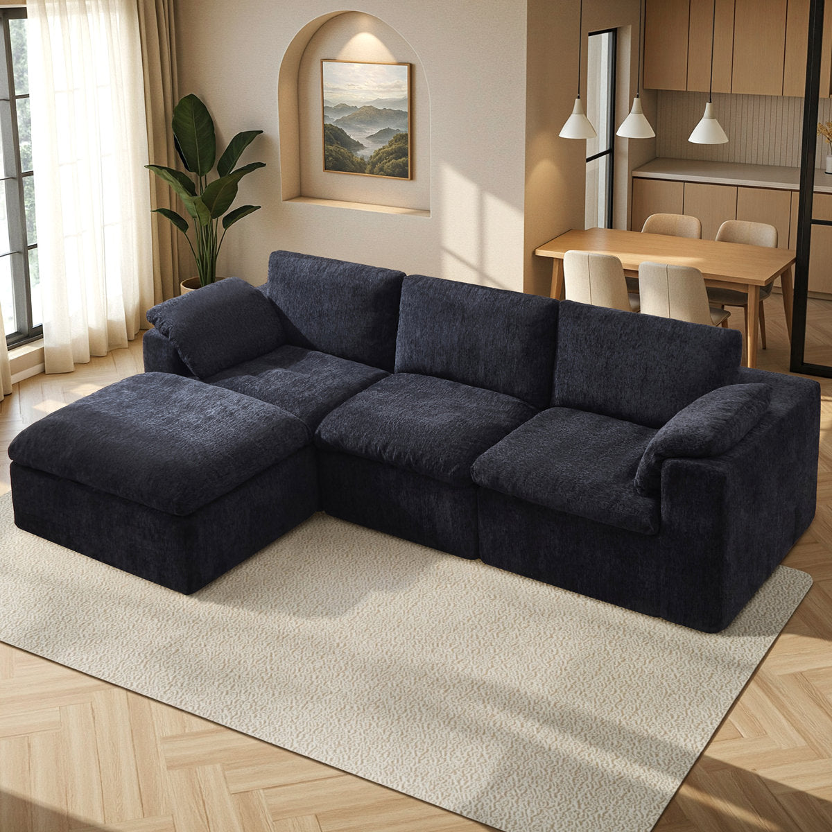 130" Cloud Modular Sectional Sofa with 83.5" Extra Deep Chaise, Oversized No-Assembly Sectional Couch in Black Chenille