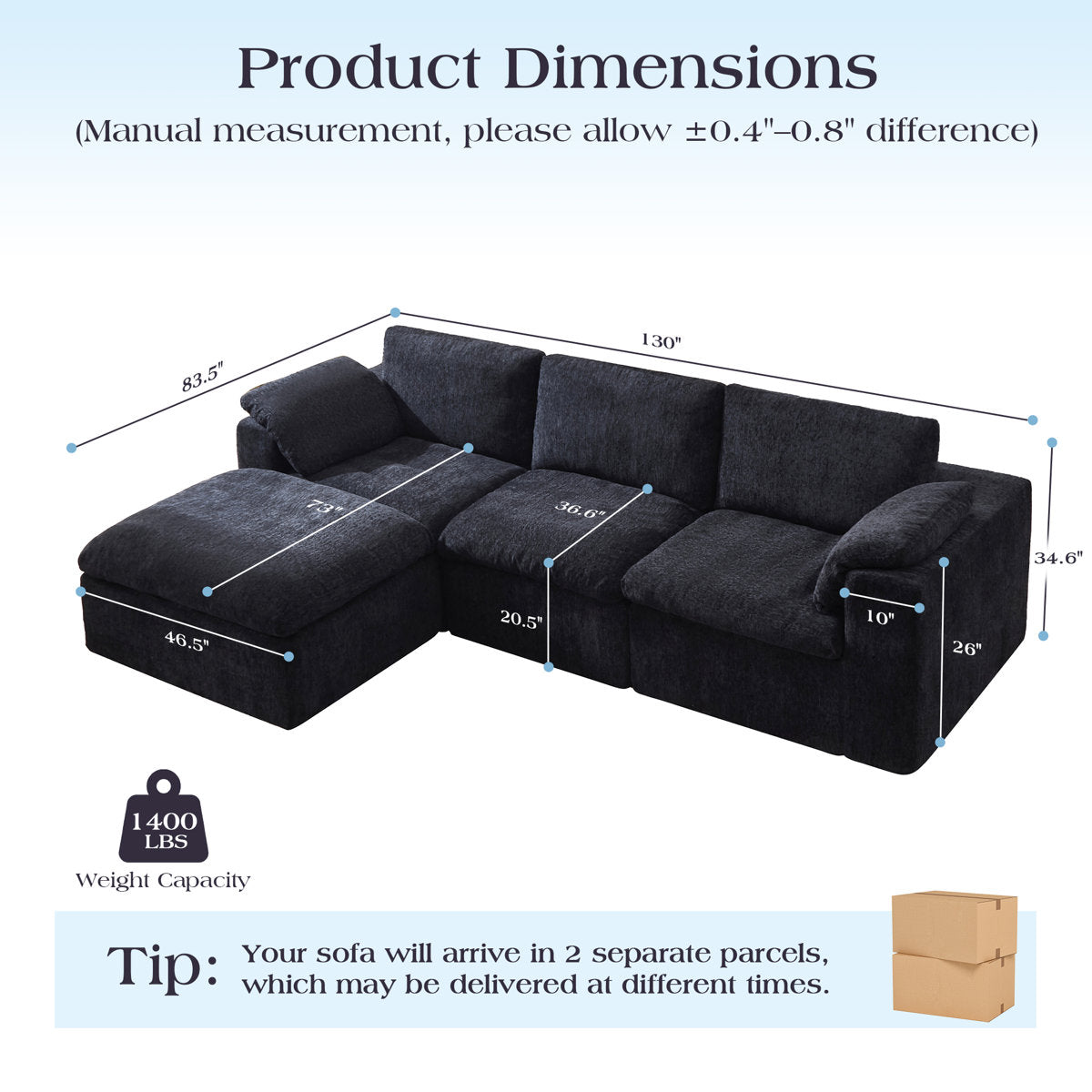 130" Cloud Modular Sectional Sofa with 83.5" Extra Deep Chaise, Oversized No-Assembly Sectional Couch in Black Chenille