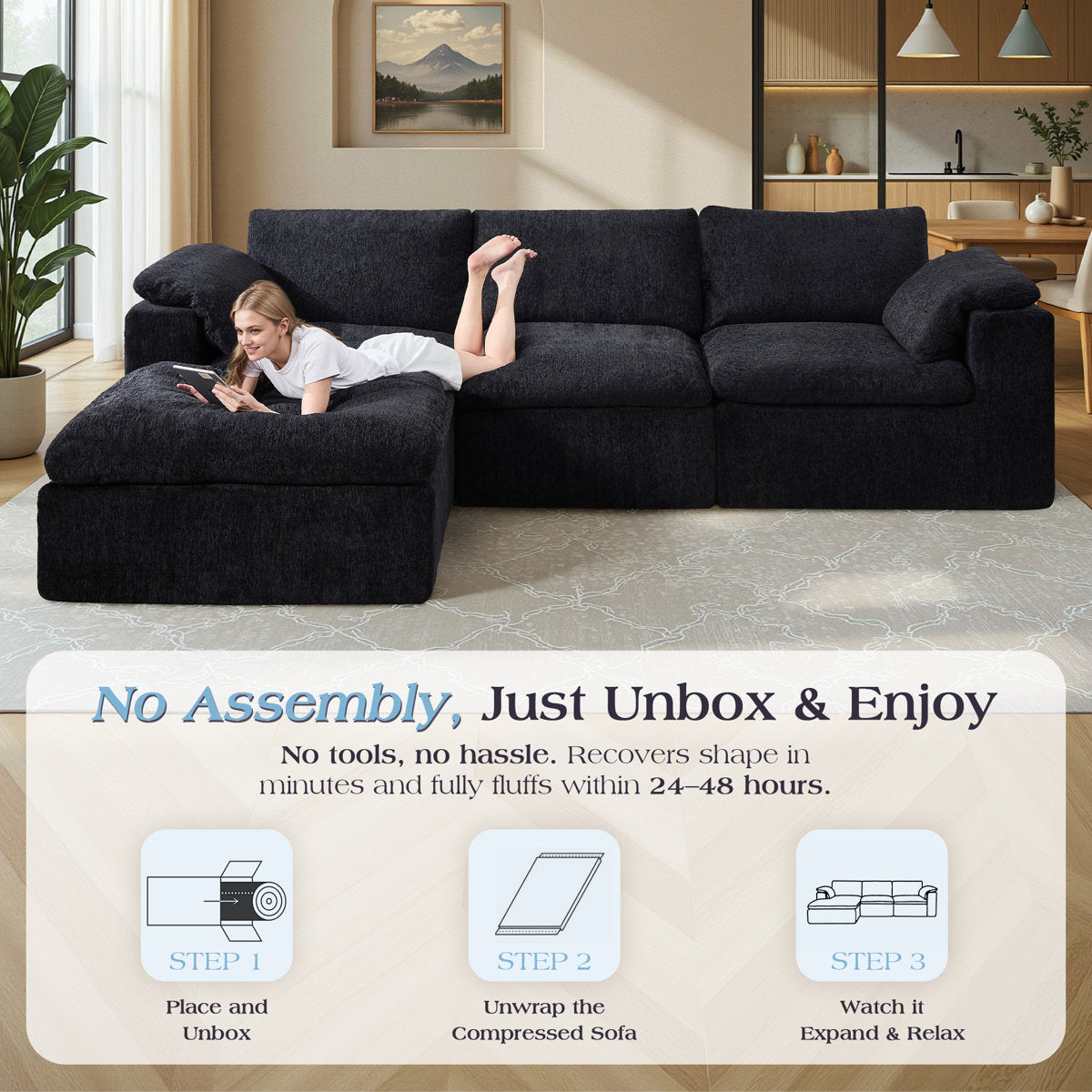 130" Cloud Modular Sectional Sofa with 83.5" Extra Deep Chaise, Oversized No-Assembly Sectional Couch in Black Chenille