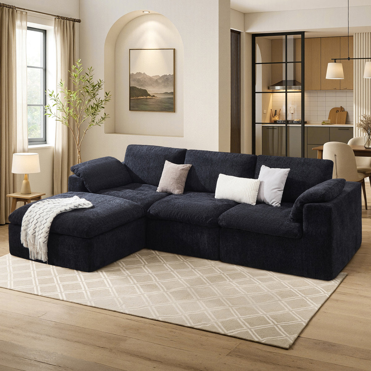 130" Cloud Modular Sectional Sofa with 83.5" Extra Deep Chaise, Oversized No-Assembly Sectional Couch in Black Chenille