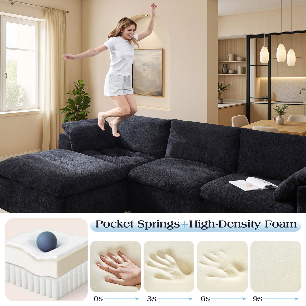 130" Cloud Modular Sectional Sofa with 83.5" Extra Deep Chaise, Oversized No-Assembly Sectional Couch in Black Chenille