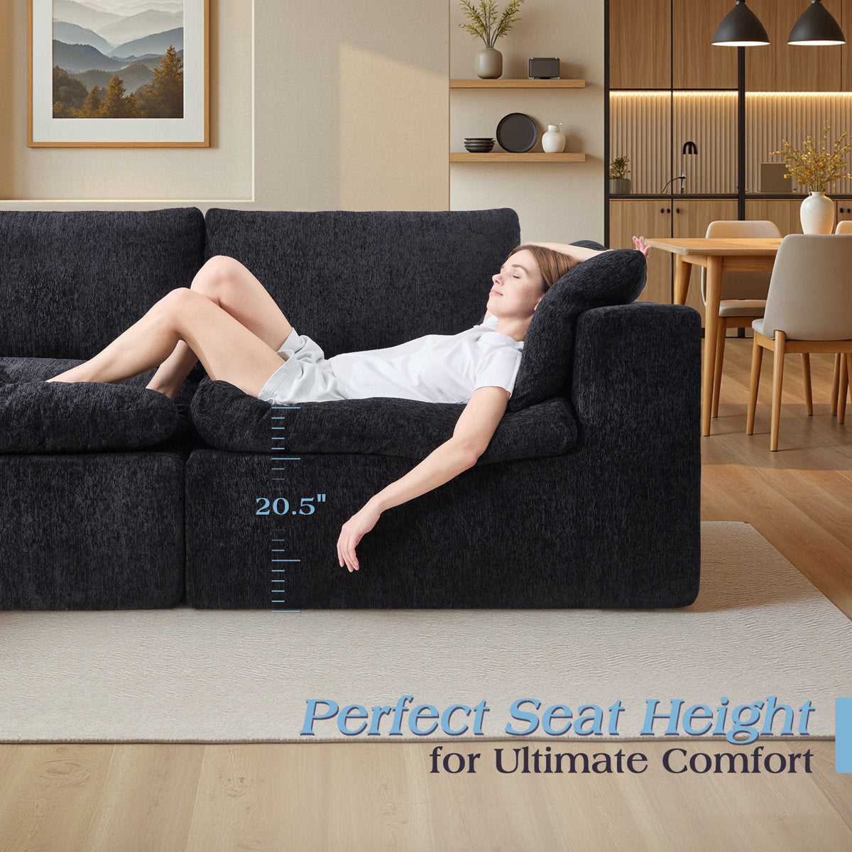 130" Cloud Modular Sectional Sofa with 83.5" Extra Deep Chaise, Oversized No-Assembly Sectional Couch in Black Chenille