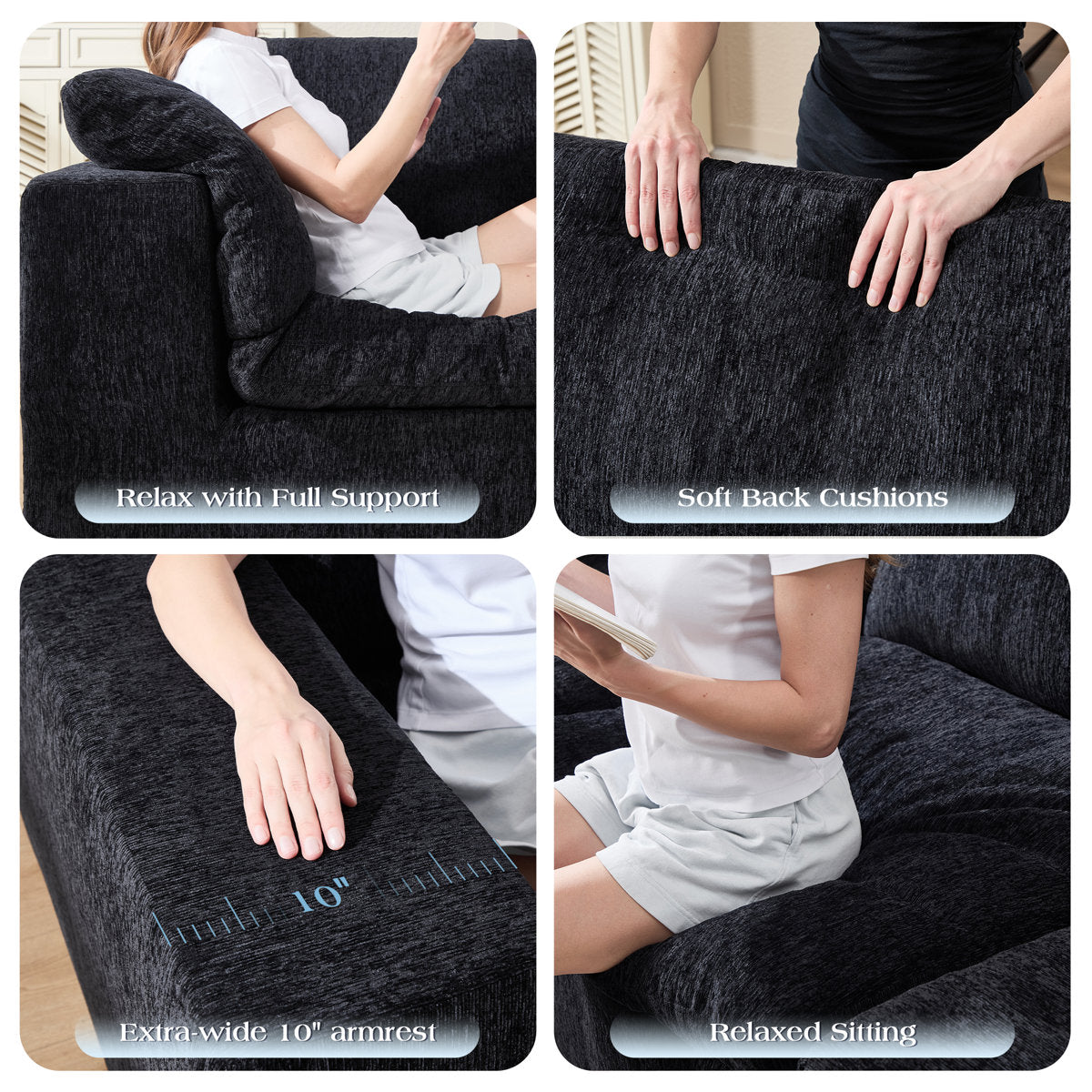 130" Cloud Modular Sectional Sofa with 83.5" Extra Deep Chaise, Oversized No-Assembly Sectional Couch in Black Chenille