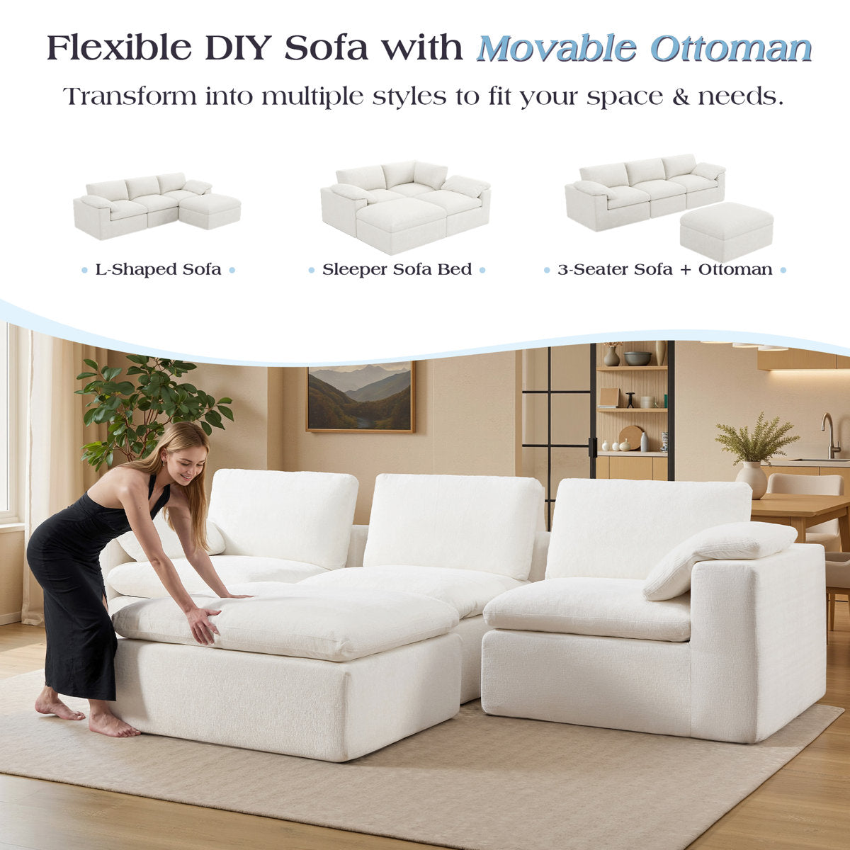 130" Cloud Modular Sectional Sofa with 83.5" Extra Deep Chaise, Oversized No-Assembly Sectional Couch in White Chenille