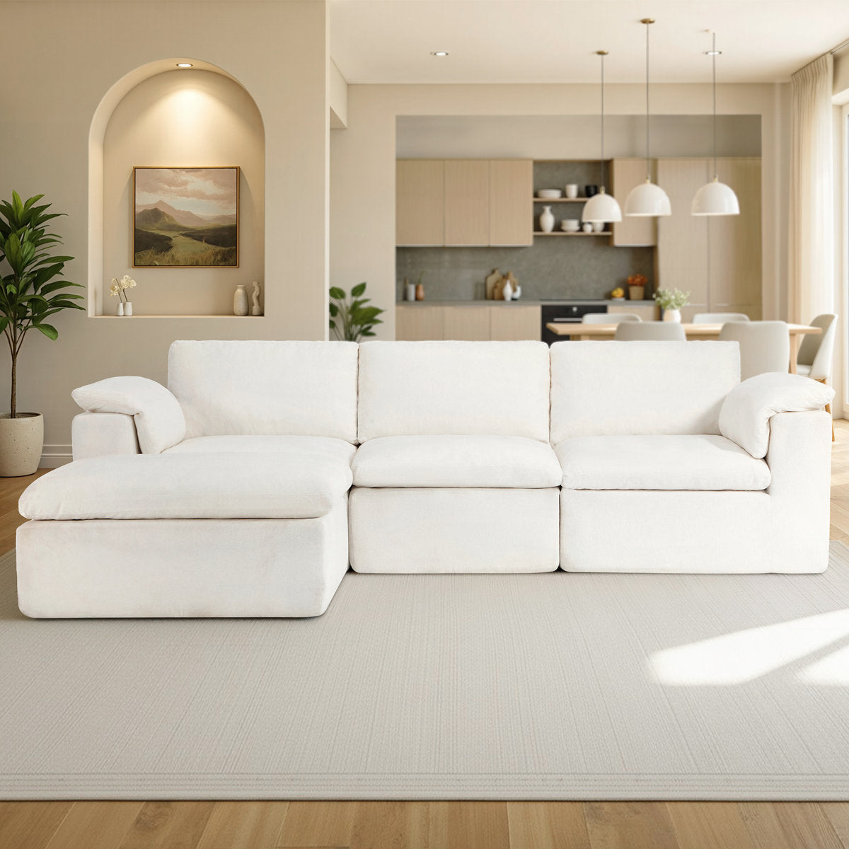 130" Cloud Modular Sectional Sofa with 83.5" Extra Deep Chaise, Oversized No-Assembly Sectional Couch in White Chenille