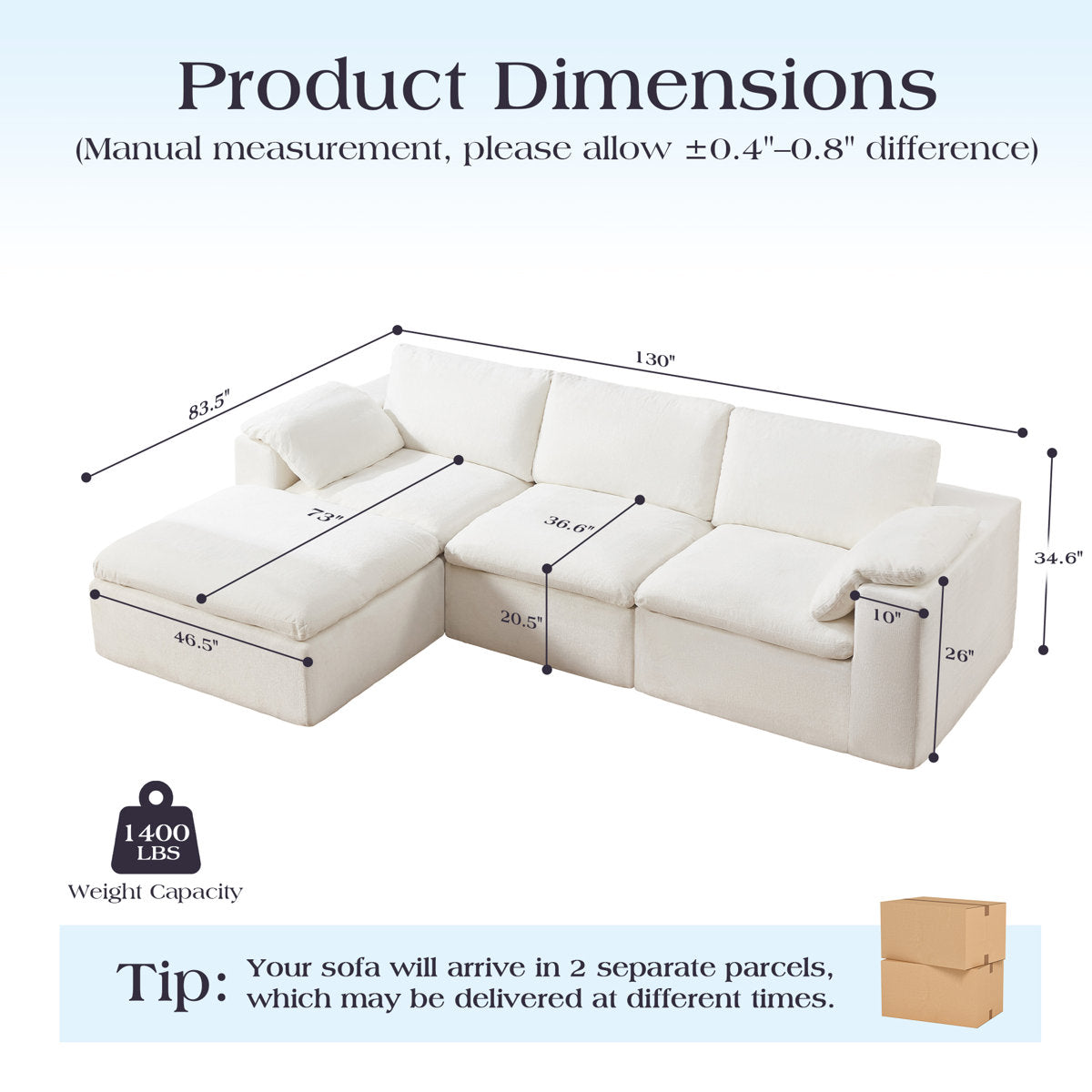 130" Cloud Modular Sectional Sofa with 83.5" Extra Deep Chaise, Oversized No-Assembly Sectional Couch in White Chenille