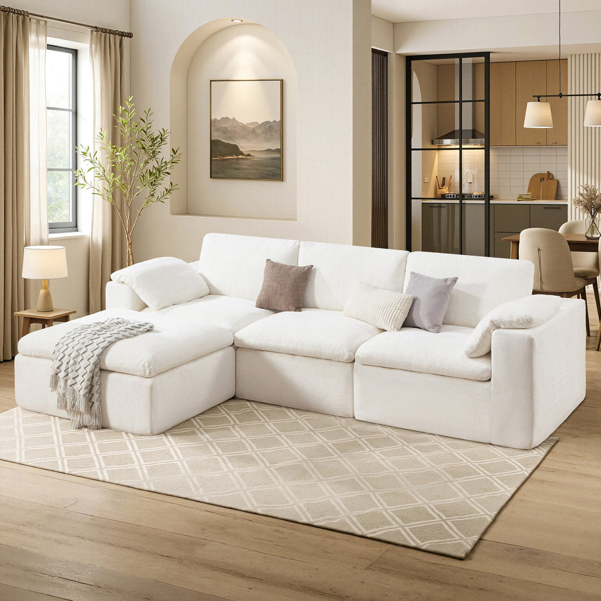 130" Cloud Modular Sectional Sofa with 83.5" Extra Deep Chaise, Oversized No-Assembly Sectional Couch in White Chenille