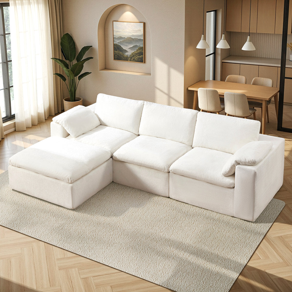 130" Cloud Modular Sectional Sofa with 83.5" Extra Deep Chaise, Oversized No-Assembly Sectional Couch in White Chenille