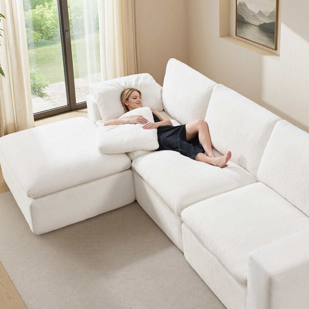 130" Cloud Modular Sectional Sofa with 83.5" Extra Deep Chaise, Oversized No-Assembly Sectional Couch in White Chenille