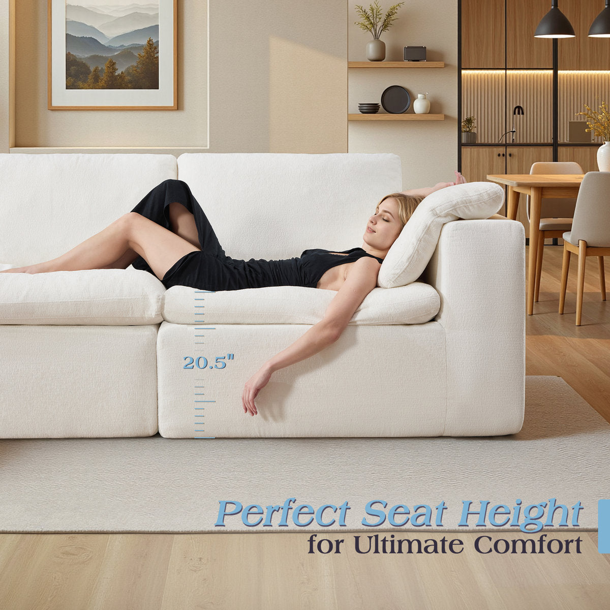 130" Cloud Modular Sectional Sofa with 83.5" Extra Deep Chaise, Oversized No-Assembly Sectional Couch in White Chenille