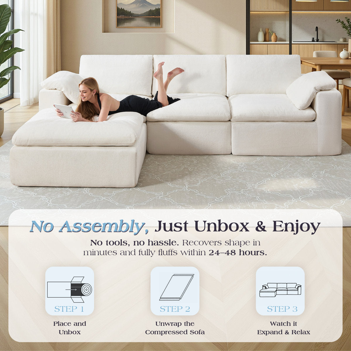 130" Cloud Modular Sectional Sofa with 83.5" Extra Deep Chaise, Oversized No-Assembly Sectional Couch in White Chenille