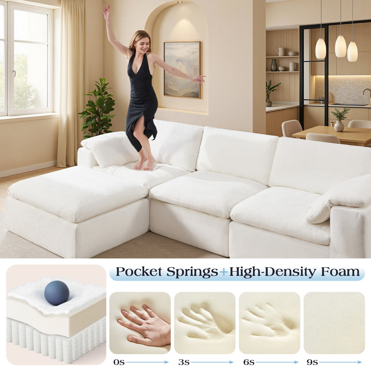 130" Cloud Modular Sectional Sofa with 83.5" Extra Deep Chaise, Oversized No-Assembly Sectional Couch in White Chenille