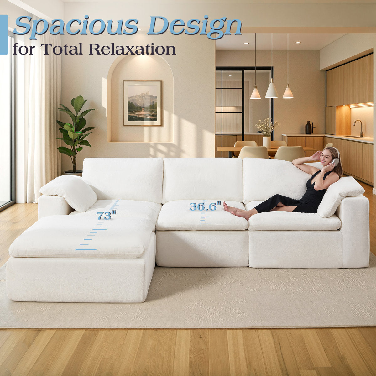 130" Cloud Modular Sectional Sofa with 83.5" Extra Deep Chaise, Oversized No-Assembly Sectional Couch in White Chenille