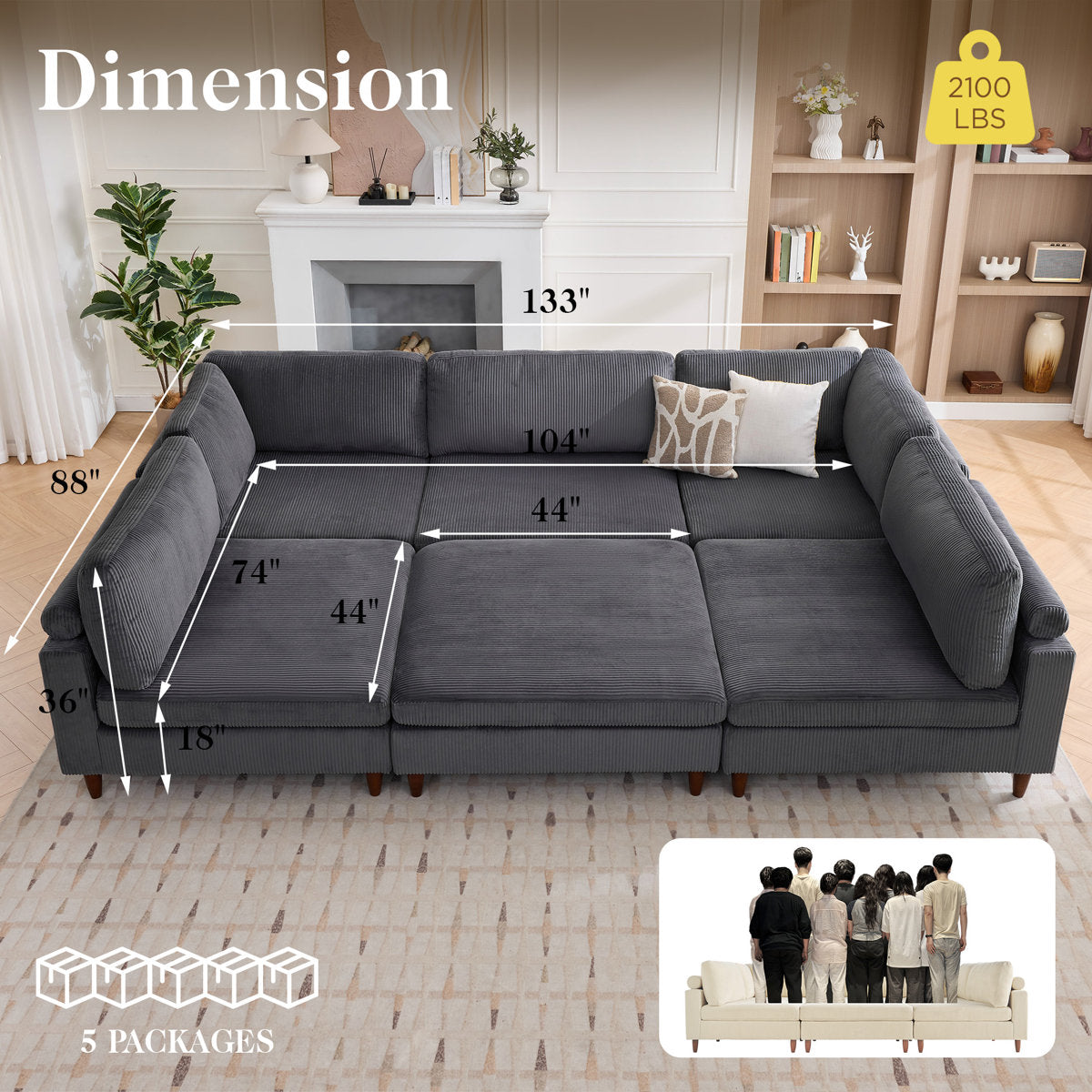 133" Corduroy Modular Sectional Sofa With Deep Seats And Wooden Legs For Living Room