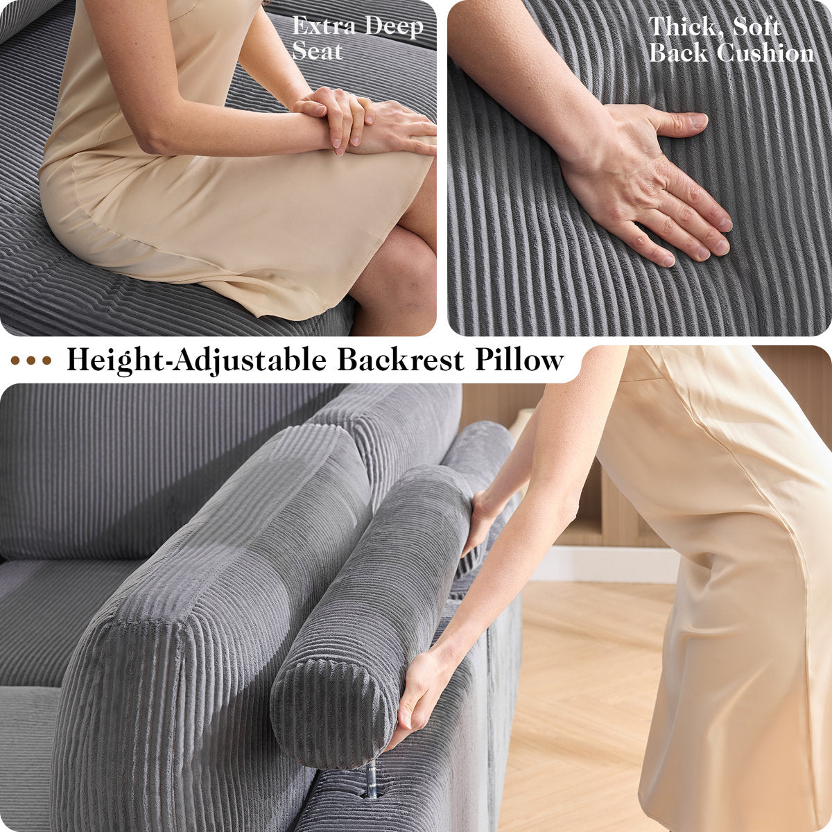 133" Corduroy Modular Sectional Sofa With Deep Seats And Wooden Legs For Living Room