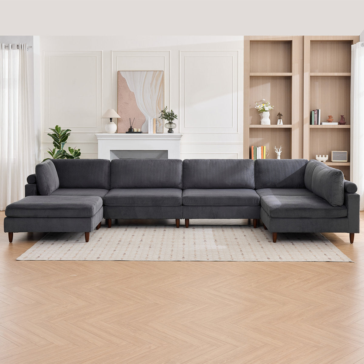 133" Corduroy Modular Sectional Sofa With Deep Seats And Wooden Legs For Living Room