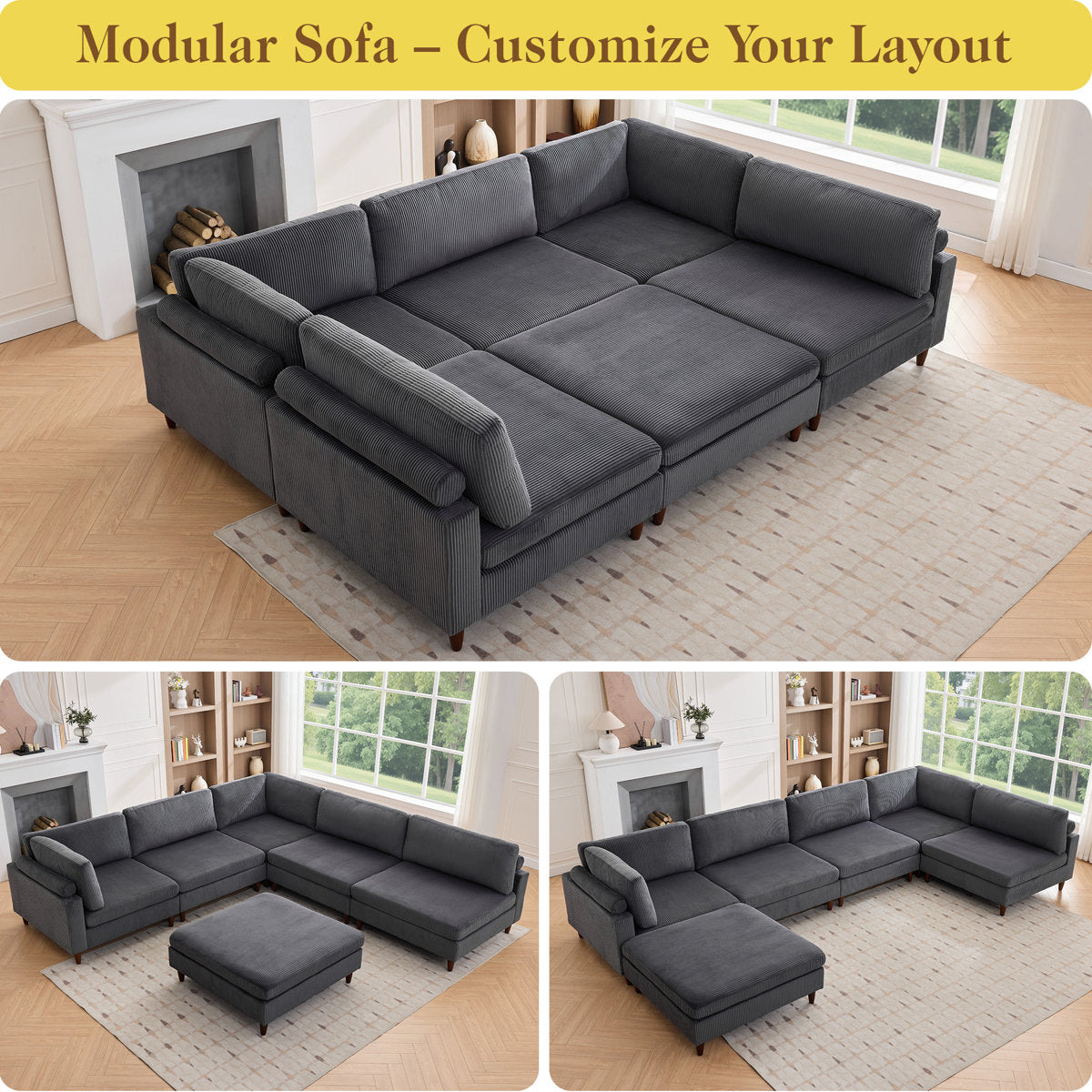 133" Corduroy Modular Sectional Sofa With Deep Seats And Wooden Legs For Living Room
