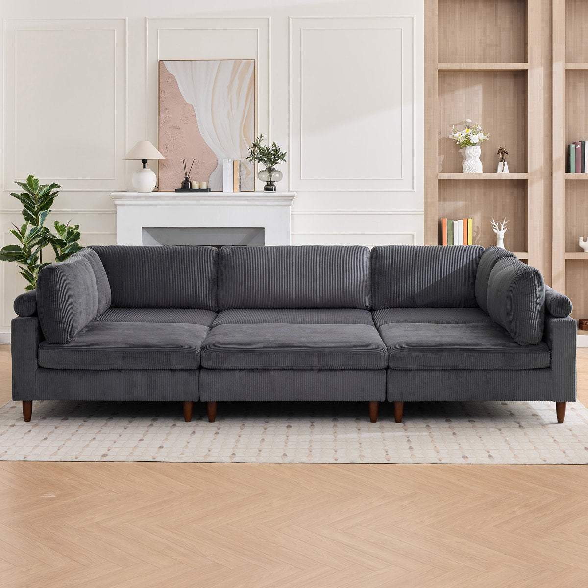 133" Corduroy Modular Sectional Sofa With Deep Seats And Wooden Legs For Living Room