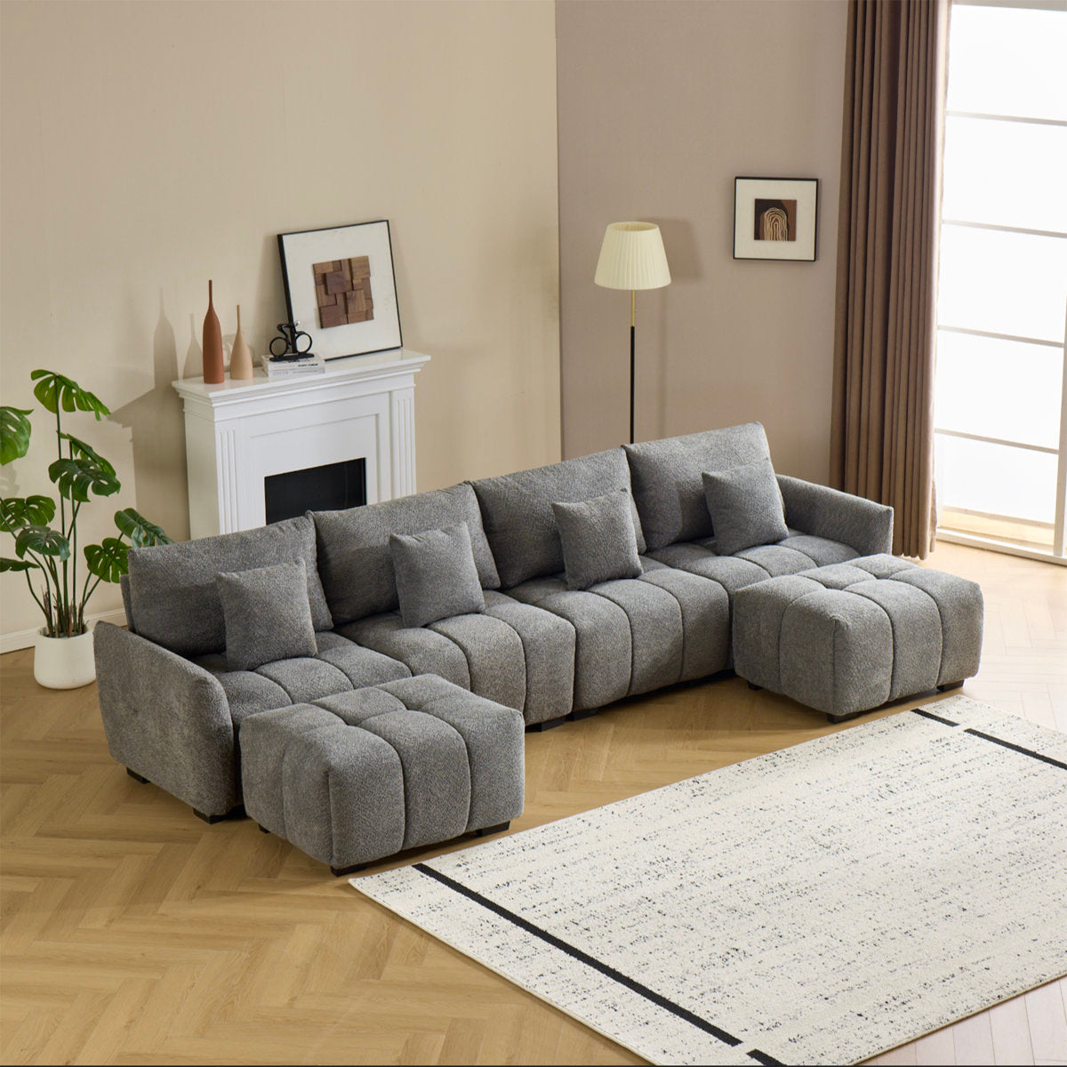 140'' W 6-Piece U-Shaped Tufed Boucle Modular Sectionals