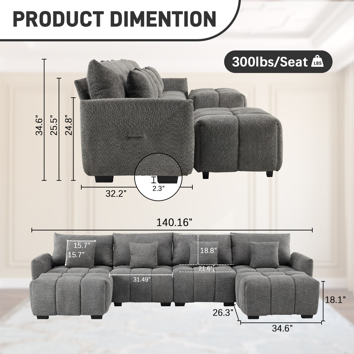 140'' W 6-Piece U-Shaped Tufed Boucle Modular Sectionals