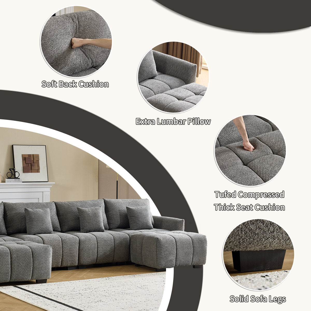 140'' W 6-Piece U-Shaped Tufed Boucle Modular Sectionals