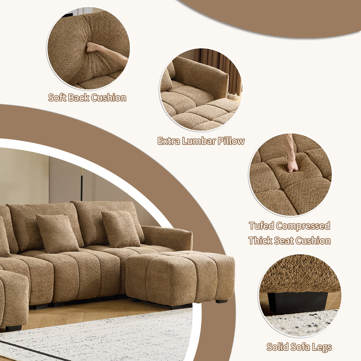 140'' W 6-Piece U-Shaped Tufed Boucle Modular Sectionals