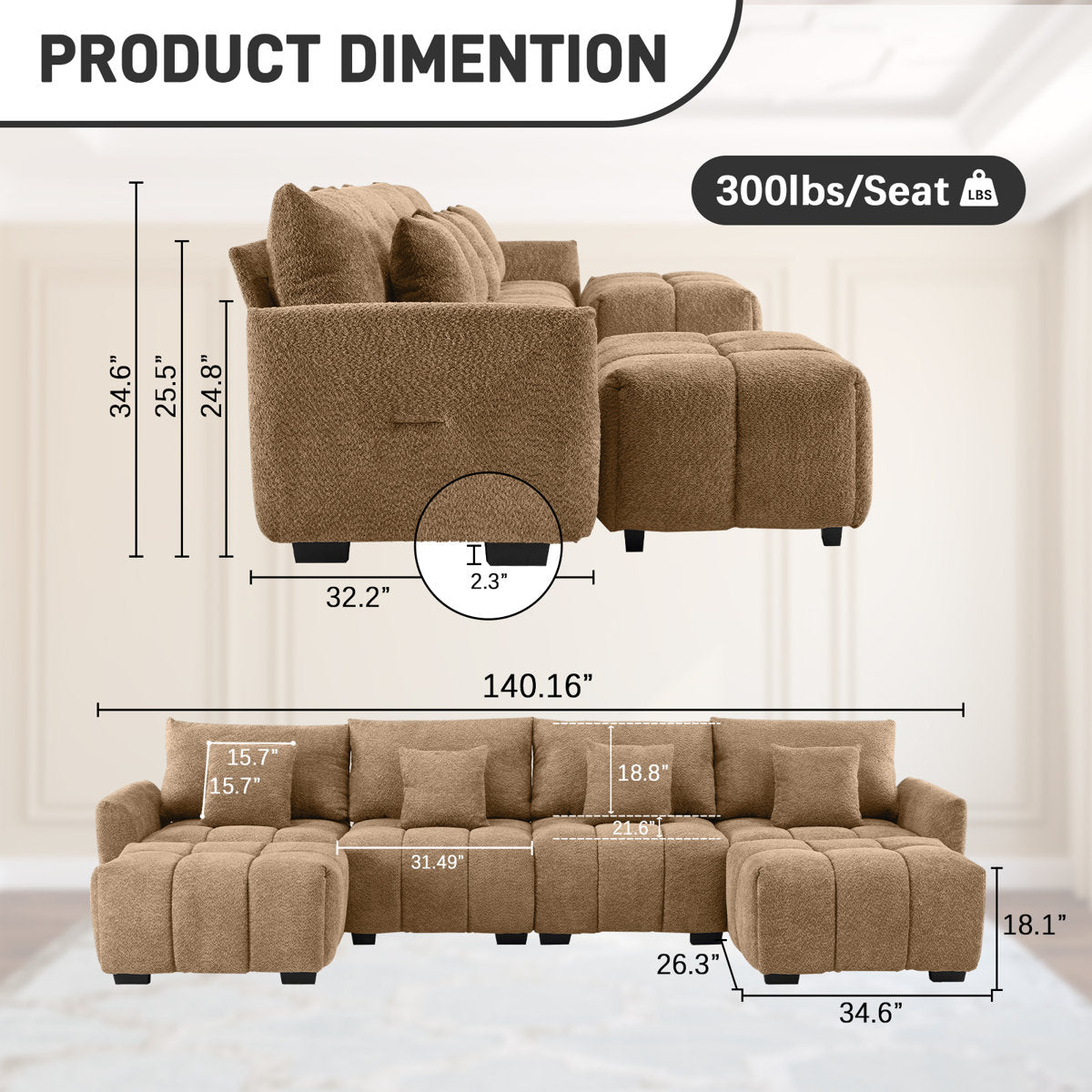 140'' W 6-Piece U-Shaped Tufed Boucle Modular Sectionals