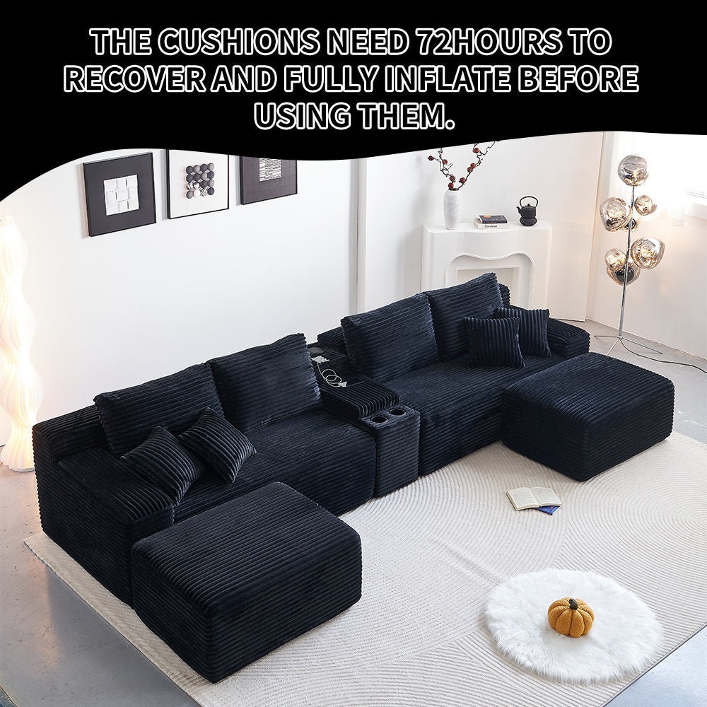 150''width 5-piece Comfy U-shaped Sofa Couch Sectional Upholstered Corduroy For Living Room Free Combination,Console, Cup Holders, USB Ports,Bluetooth Speaker