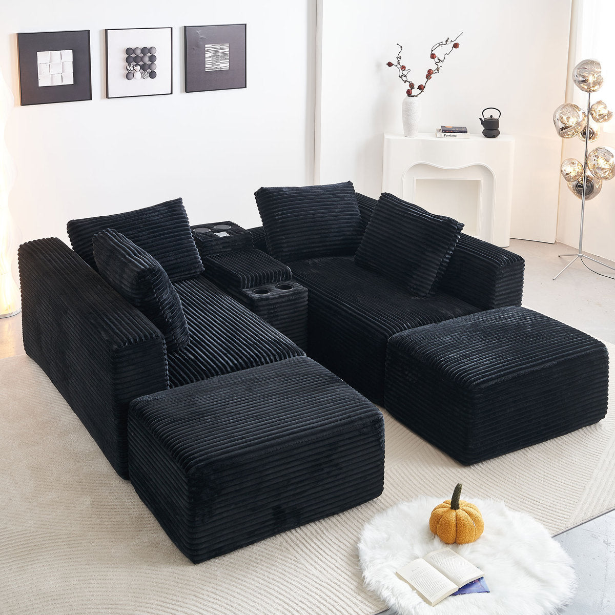 150''width 5-piece Comfy U-shaped Sofa Couch Sectional Upholstered Corduroy For Living Room Free Combination,Console, Cup Holders, USB Ports,Bluetooth Speaker