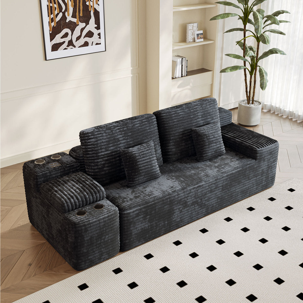 150''width 5-piece Comfy U-shaped Sofa Couch Sectional Upholstered Corduroy For Living Room Free Combination,Console, Cup Holders, USB Ports,Bluetooth Speaker