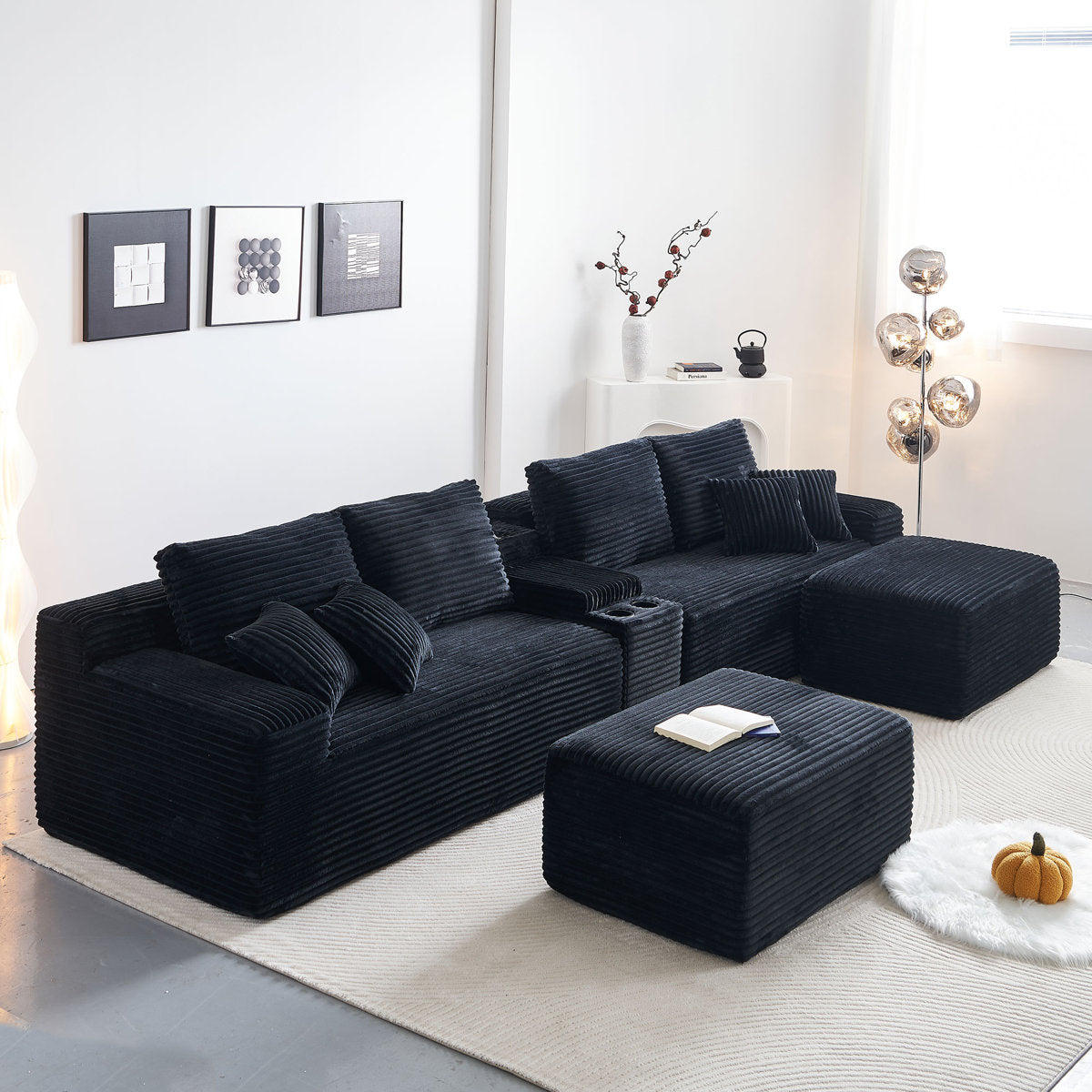 150''width 5-piece Comfy U-shaped Sofa Couch Sectional Upholstered Corduroy For Living Room Free Combination,Console, Cup Holders, USB Ports,Bluetooth Speaker