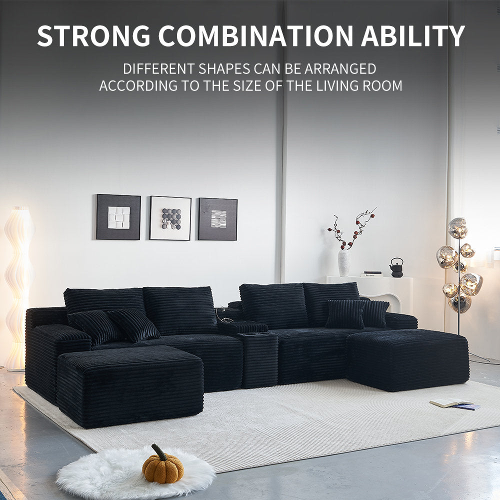 150''width 5-piece Comfy U-shaped Sofa Couch Sectional Upholstered Corduroy For Living Room Free Combination,Console, Cup Holders, USB Ports,Bluetooth Speaker