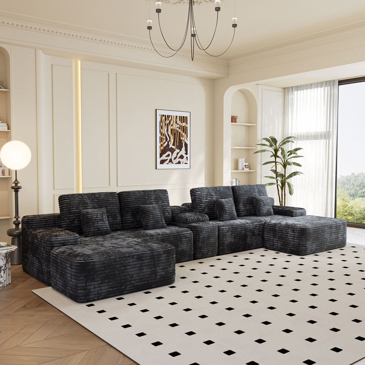 150''width 5-piece Comfy U-shaped Sofa Couch Sectional Upholstered Corduroy For Living Room Free Combination,Console, Cup Holders, USB Ports,Bluetooth Speaker