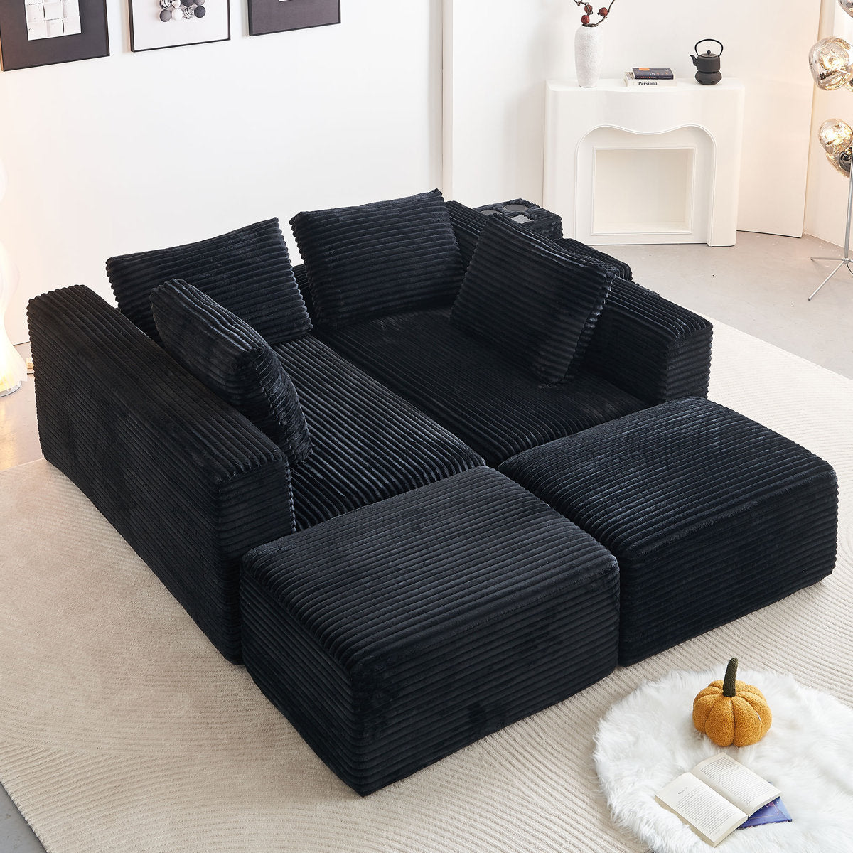 150''width 5-piece Comfy U-shaped Sofa Couch Sectional Upholstered Corduroy For Living Room Free Combination,Console, Cup Holders, USB Ports,Bluetooth Speaker