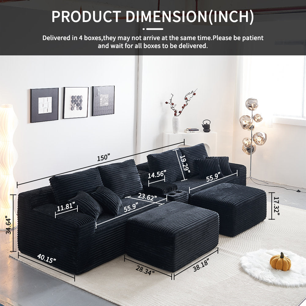 150''width 5-piece Comfy U-shaped Sofa Couch Sectional Upholstered Corduroy For Living Room Free Combination,Console, Cup Holders, USB Ports,Bluetooth Speaker