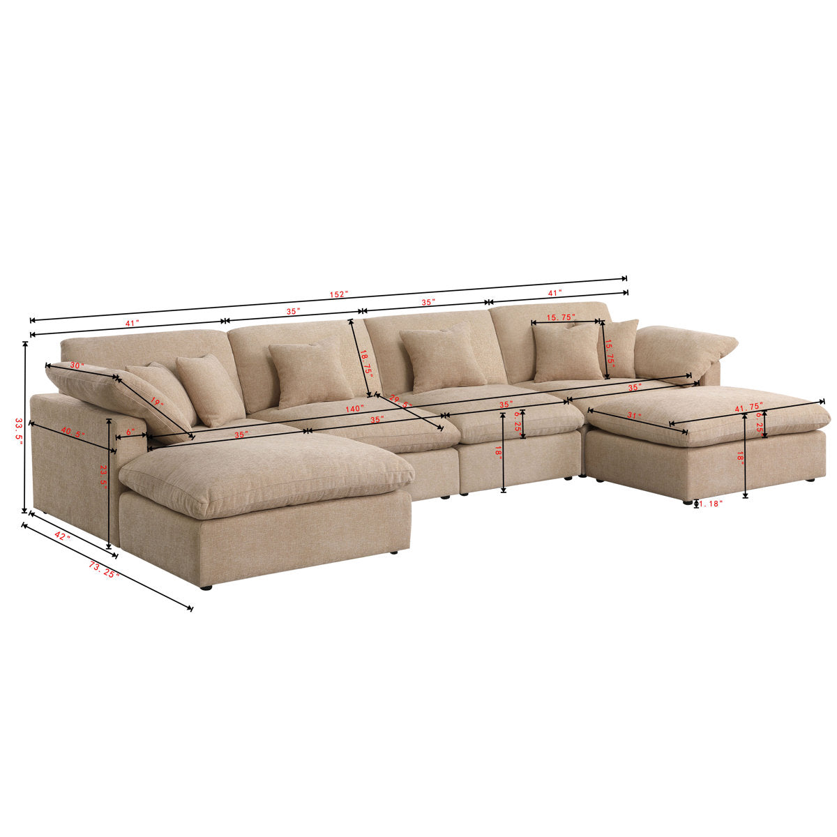 155.7" U Shape Sectional Sofa Cloud Couch With Removable Ottomans