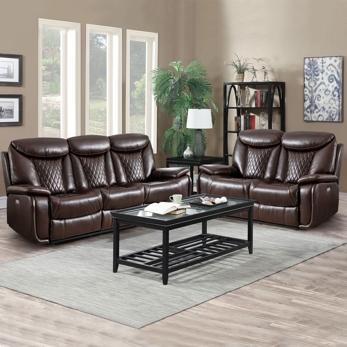 2 - Piece Breathable Leather Cushion Back Power Reclining Living Room Set With Diamond Stitching