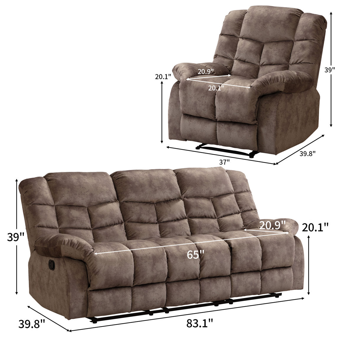 2 - Piece Modern and Overstuffed Soft Manual Reclining Living Room Set