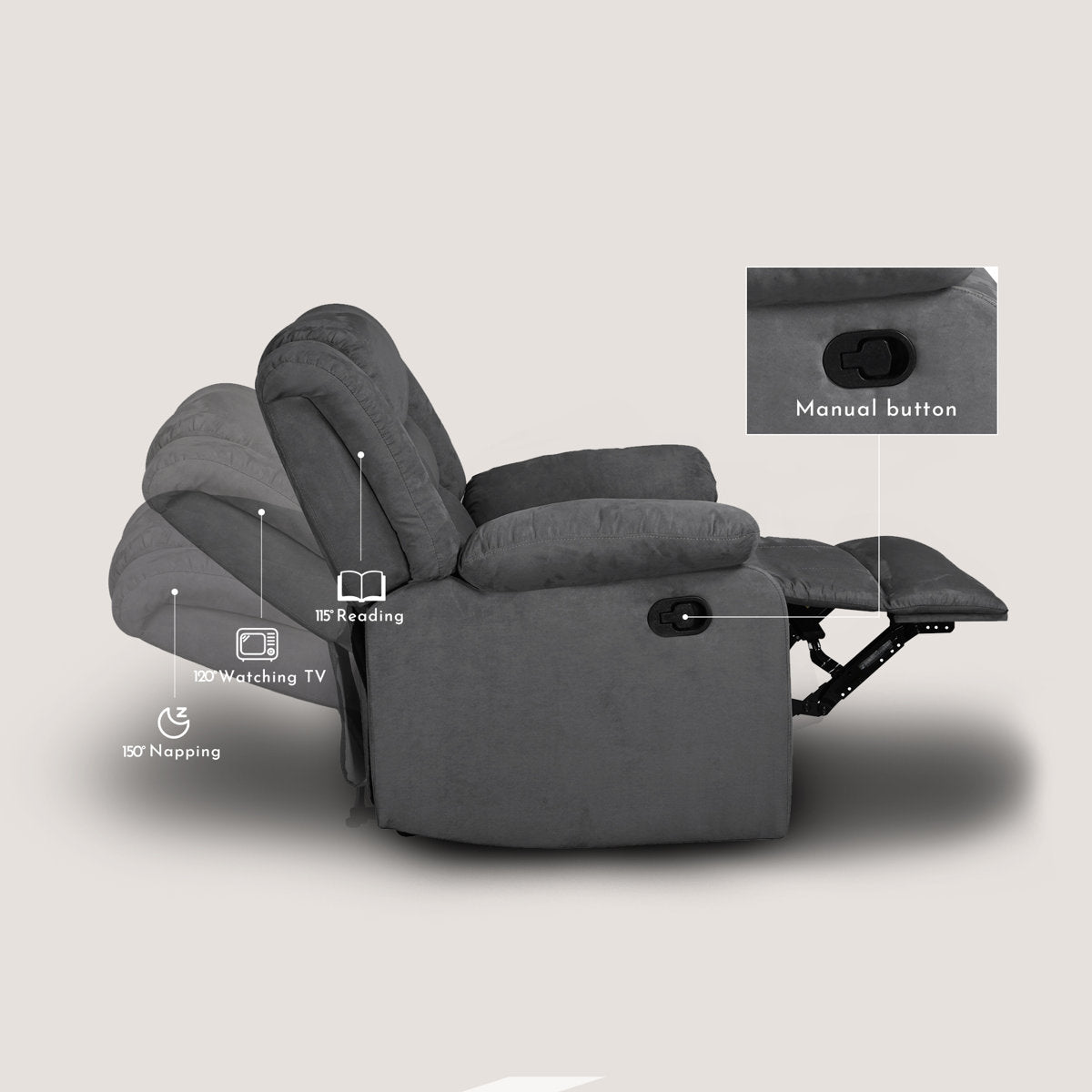 3-Piece Fabric Reclining Sofa Set, 5 Manual Recliners, Drop Down Table with Cup Holders