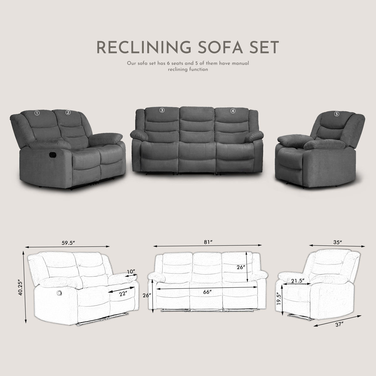 3-Piece Fabric Reclining Sofa Set, 5 Manual Recliners, Drop Down Table with Cup Holders
