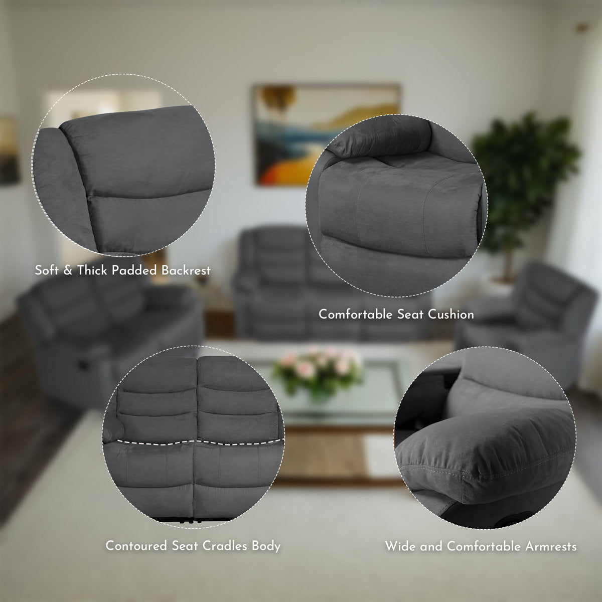 3-Piece Fabric Reclining Sofa Set, 5 Manual Recliners, Drop Down Table with Cup Holders